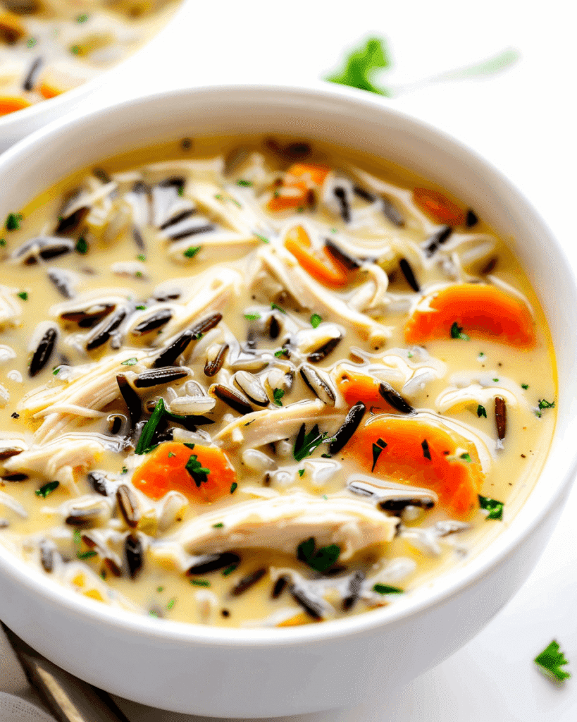 Close-Up of Creamy Chicken Wild Rice Soup Recipe in a White Bowl