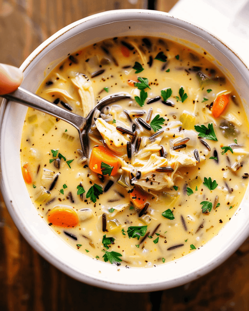 Overhead View of Creamy Chicken Wild Rice Soup Recipe