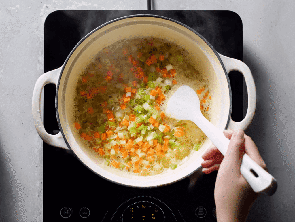 Sautéing carrots, celery, and onions in butter for mulligatawny soup recipe