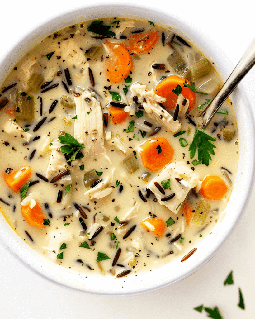 Creamy Chicken Wild Rice Soup Recipe in a White Bowl