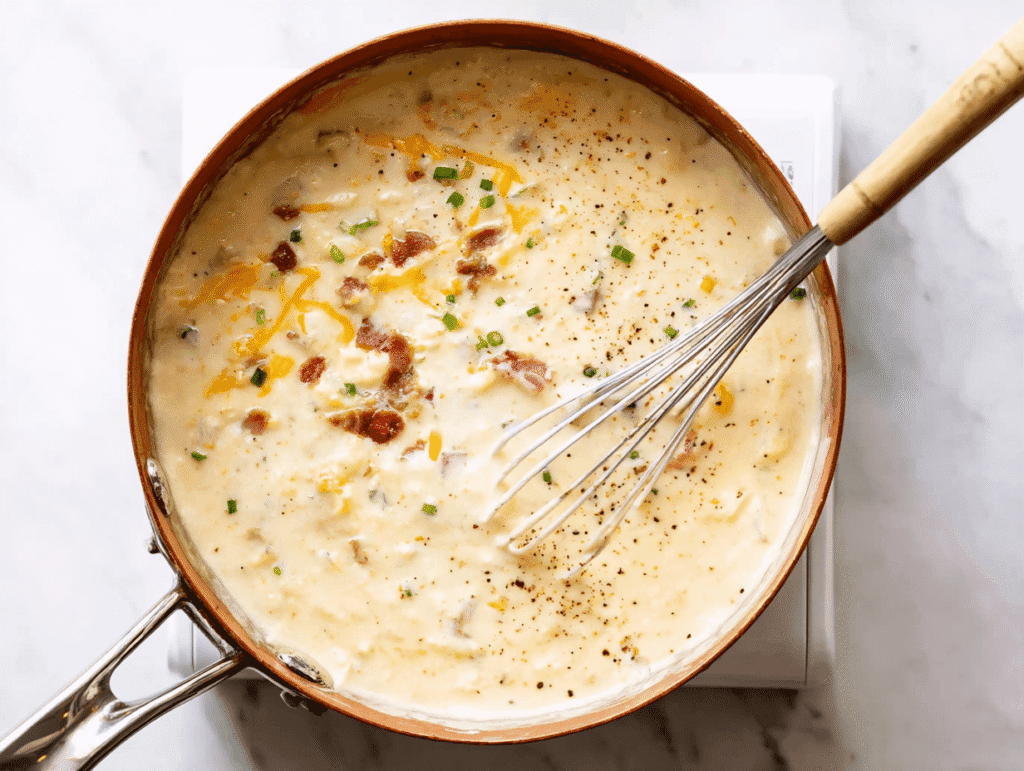 creamy loaded baked potato soup being whisked in saucepa