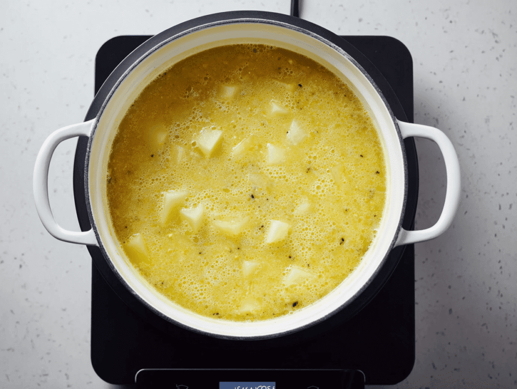 Creamy Mulligatawny soup simmering in a white pot after adding coconut milk and curry