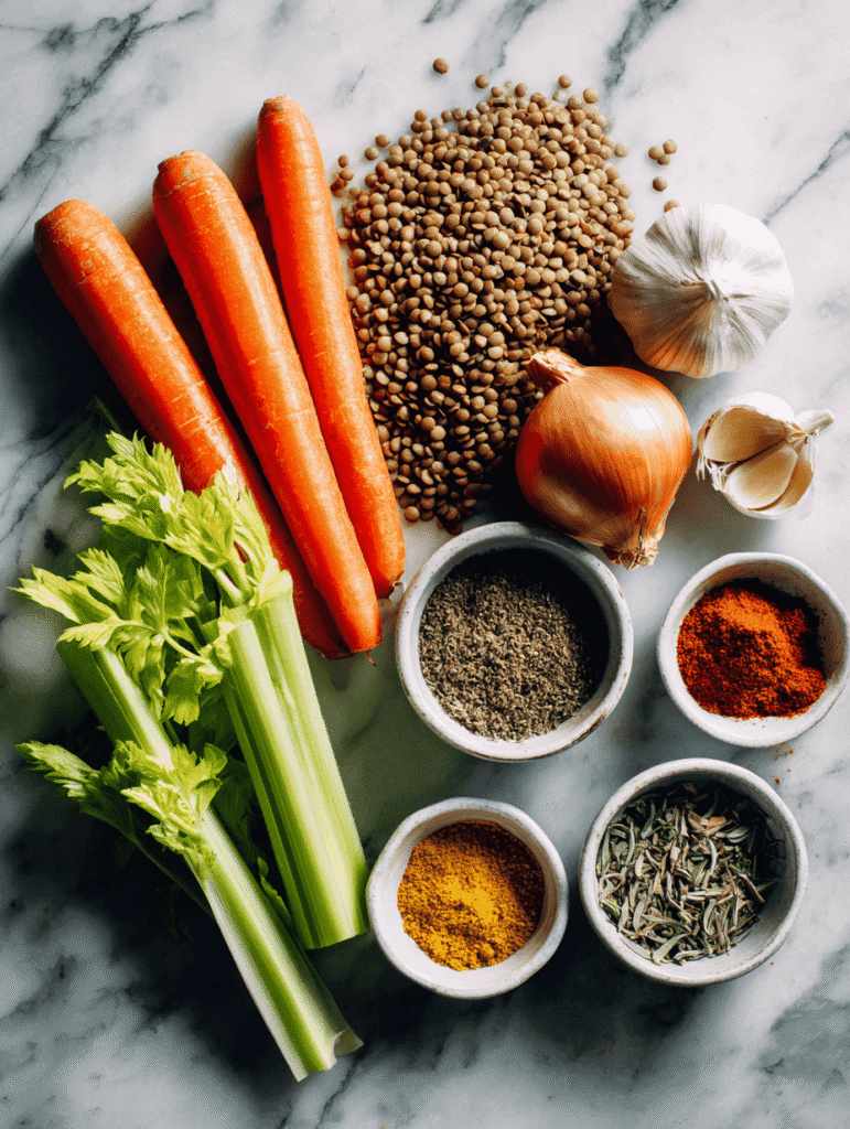 easy lentil soup recipe ingredients flat lay