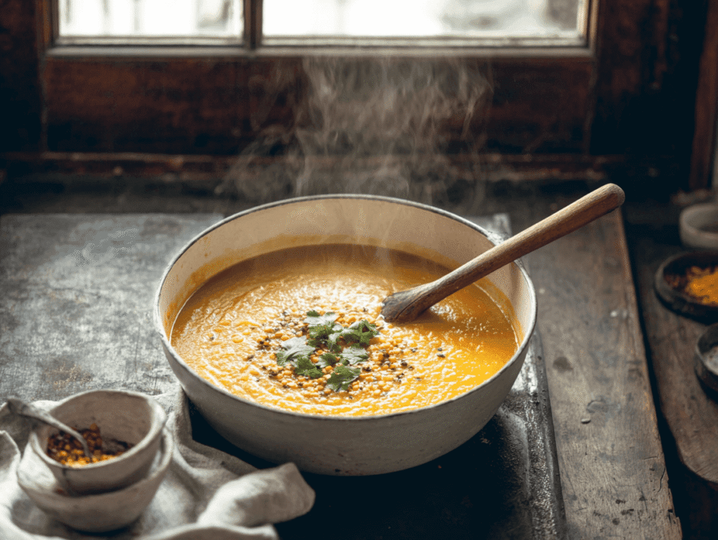 easy lentil soup recipe ingredients flat lay
