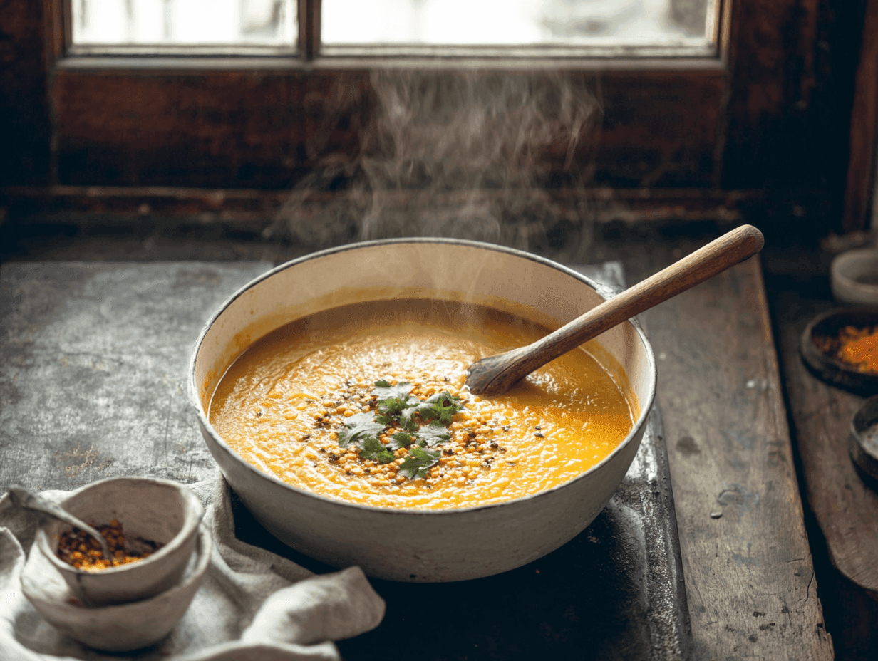 easy lentil soup recipe ingredients flat lay