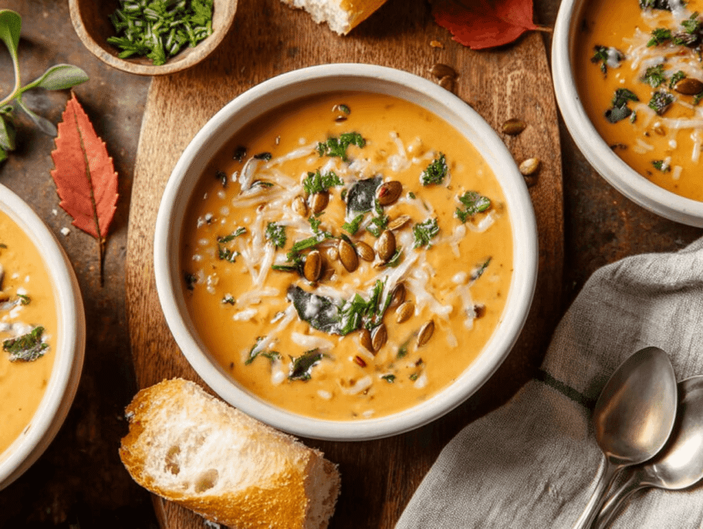 Cozy fall soup recipes on rustic autumn table