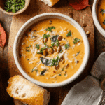 Cozy fall soup recipes on rustic autumn table