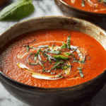 fresh tomato soup recipe in rustic bowl