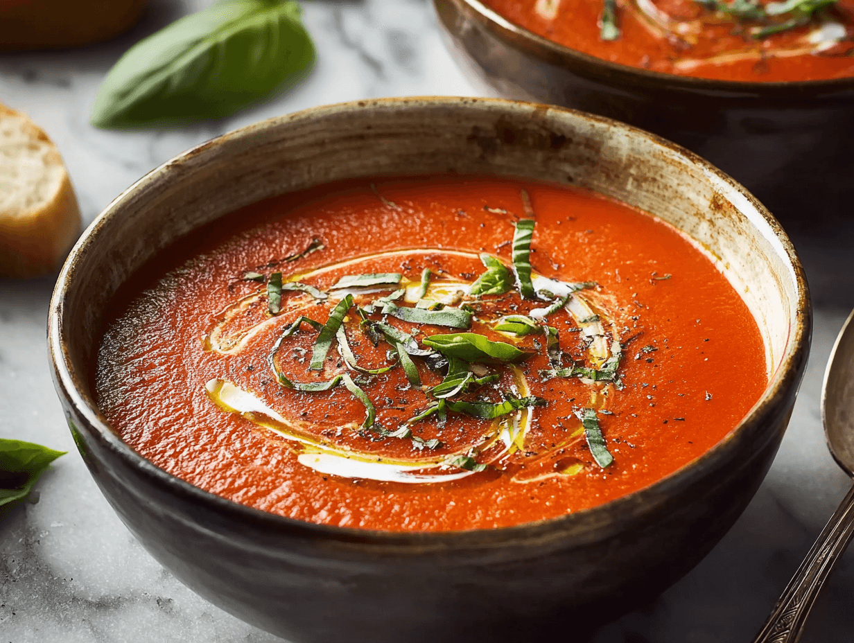 fresh tomato soup recipe in rustic bowl