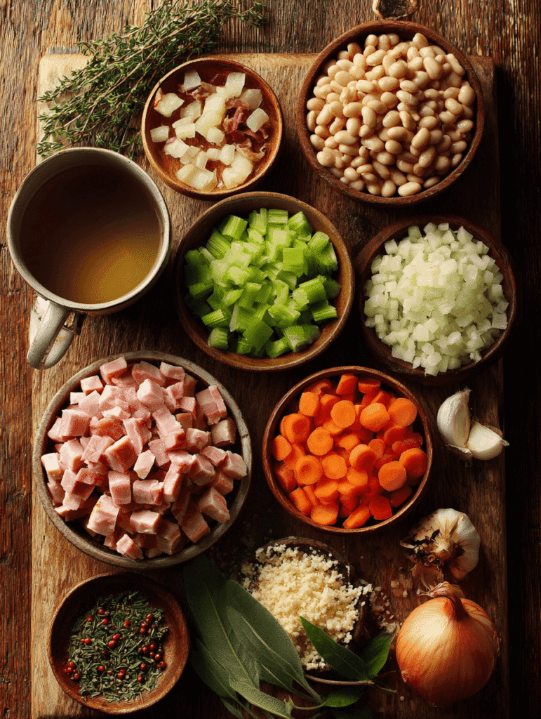 Ingredients for how to make ham and bean soup including ham, beans, carrots, celery, and herbs
