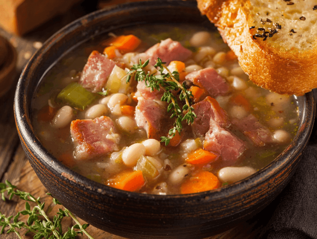 How to make ham and bean soup in a rustic bowl
