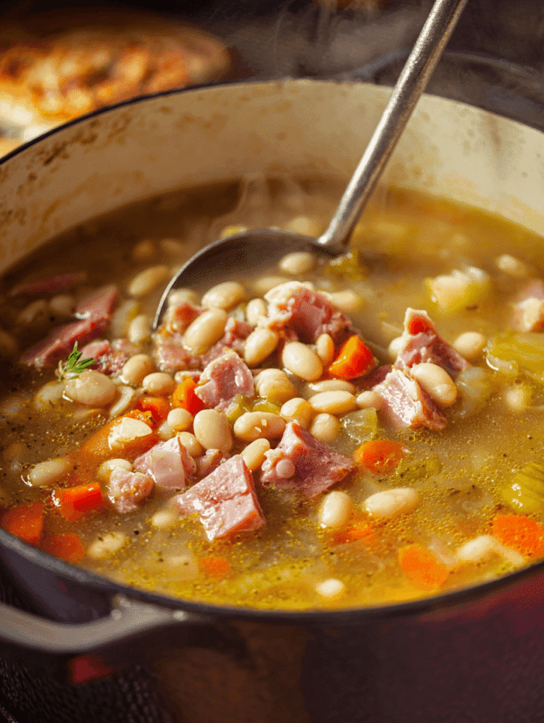 How to make ham and bean soup simmering in a pot with ham, beans, and vegetables