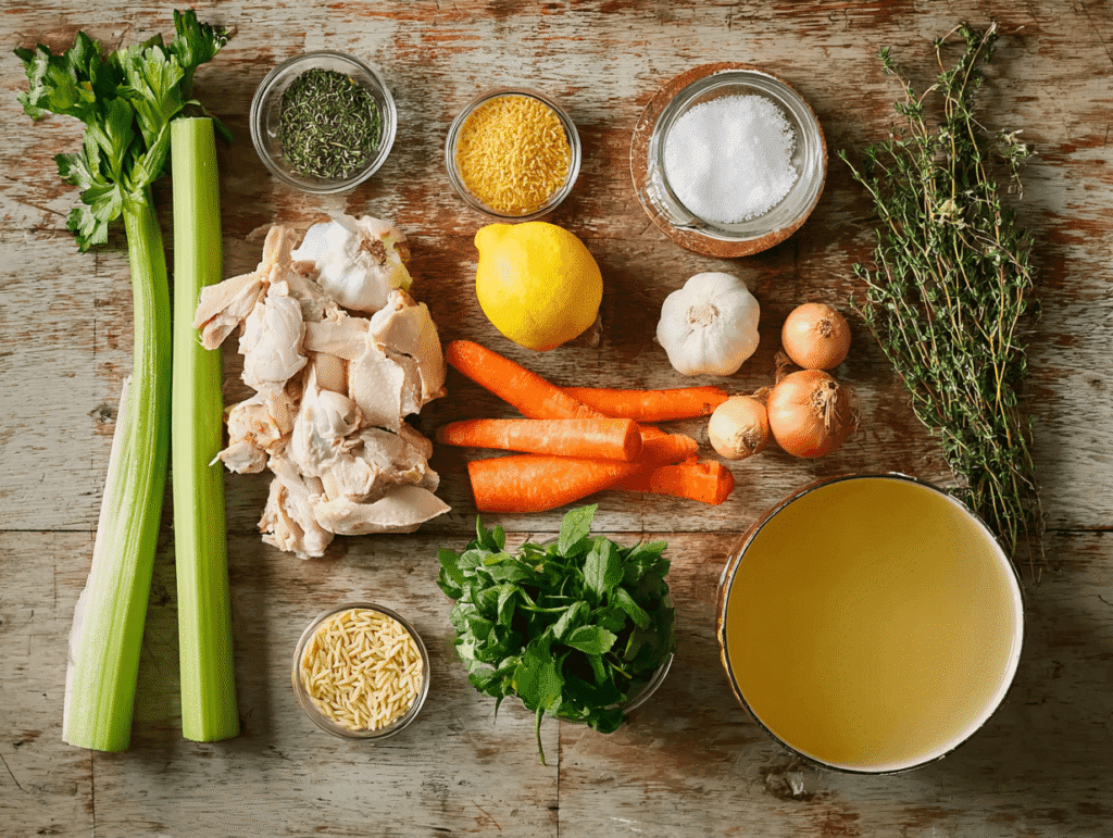 Ingredients for Italian penicillin soup on marble countertop