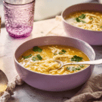Italian penicillin soup with chicken and pastina served in lavender bowls