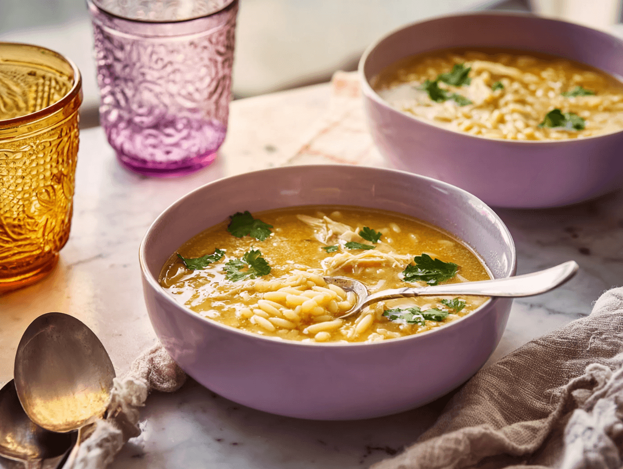 Italian penicillin soup with chicken and pastina served in lavender bowls