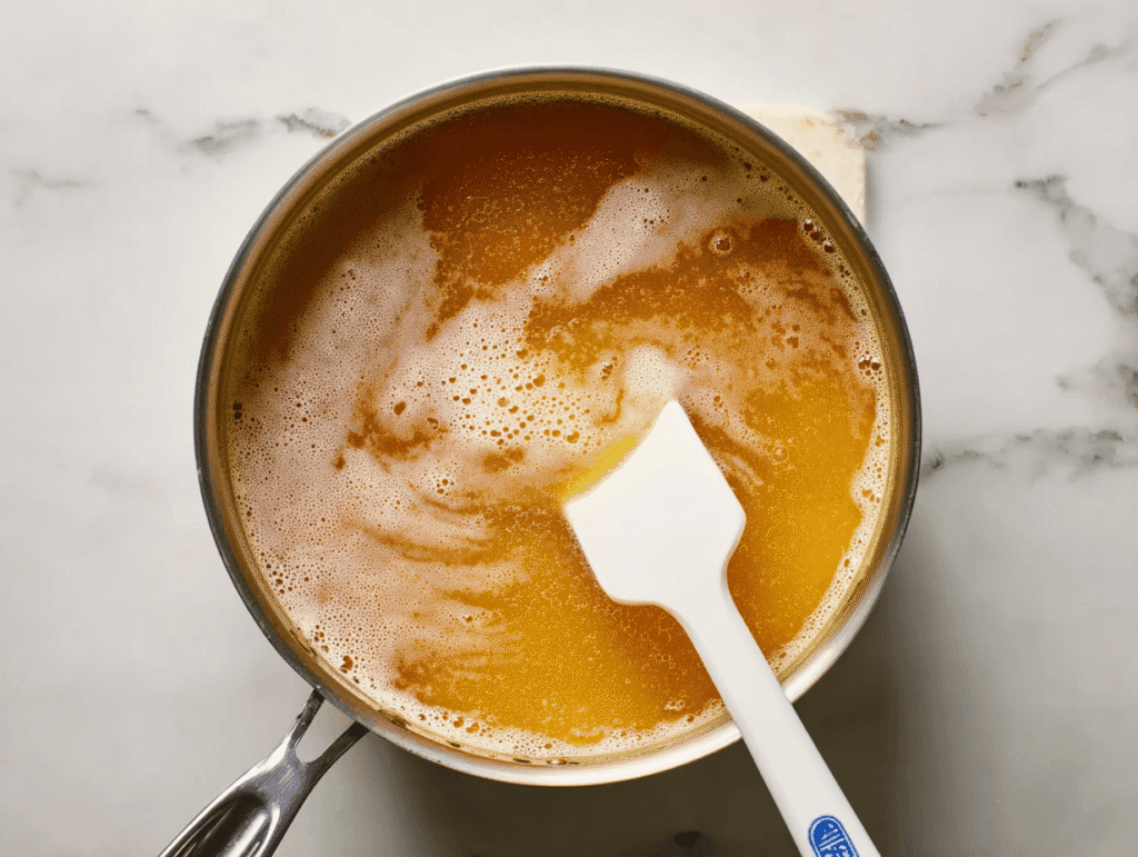 Simmering Italian penicillin soup broth being skimmed with spatula