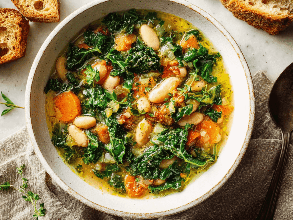 Hearty kale soup recipe in rustic bowl