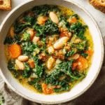 Hearty kale soup recipe in rustic bowl
