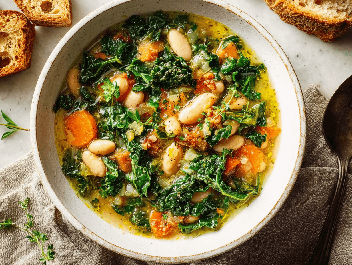 Hearty kale soup recipe in rustic bowl