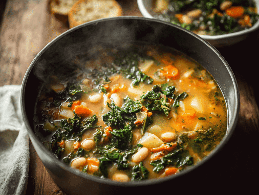 Served kale soup recipe with bread