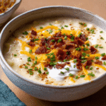 loaded baked potato soup recipe in rustic bowl