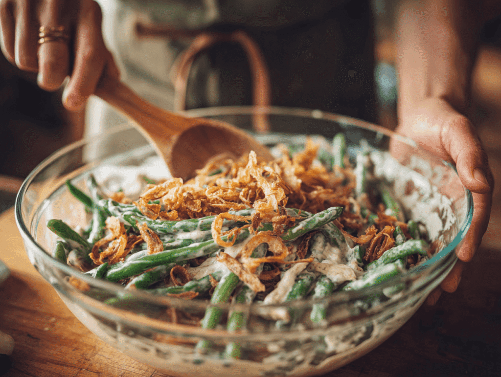 Mixing Campbell Soup Green Bean Casserole ingredients