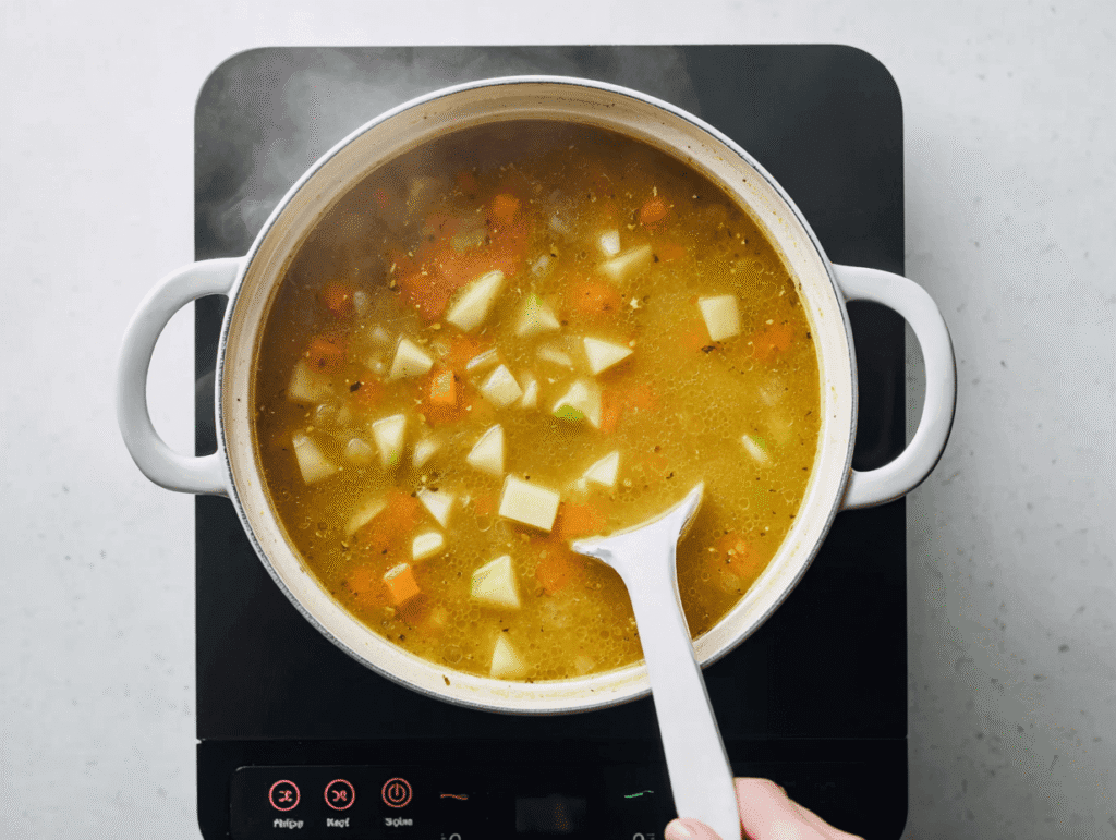 Simmering Mulligatawny soup with apples, carrots, and curry broth in a white pot