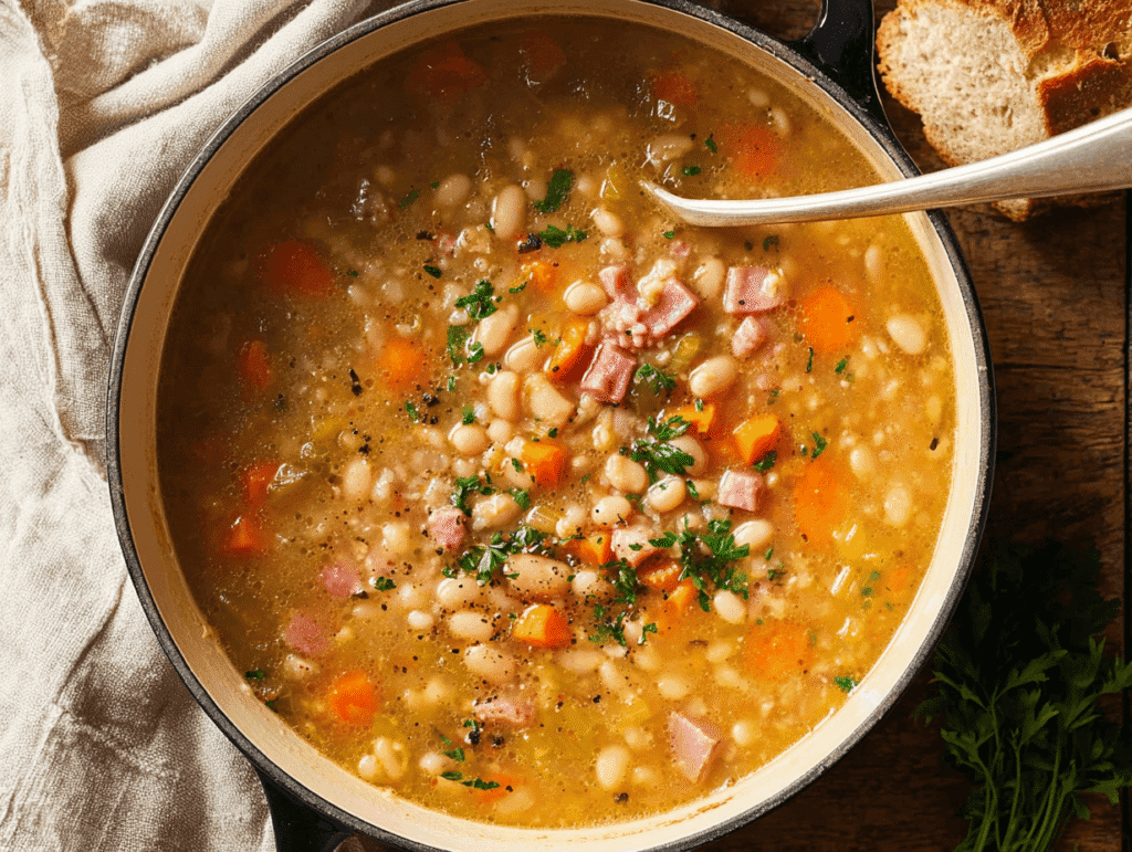 Cozy navy bean soup recipe with ham and vegetables in a warm rustic bowl.
