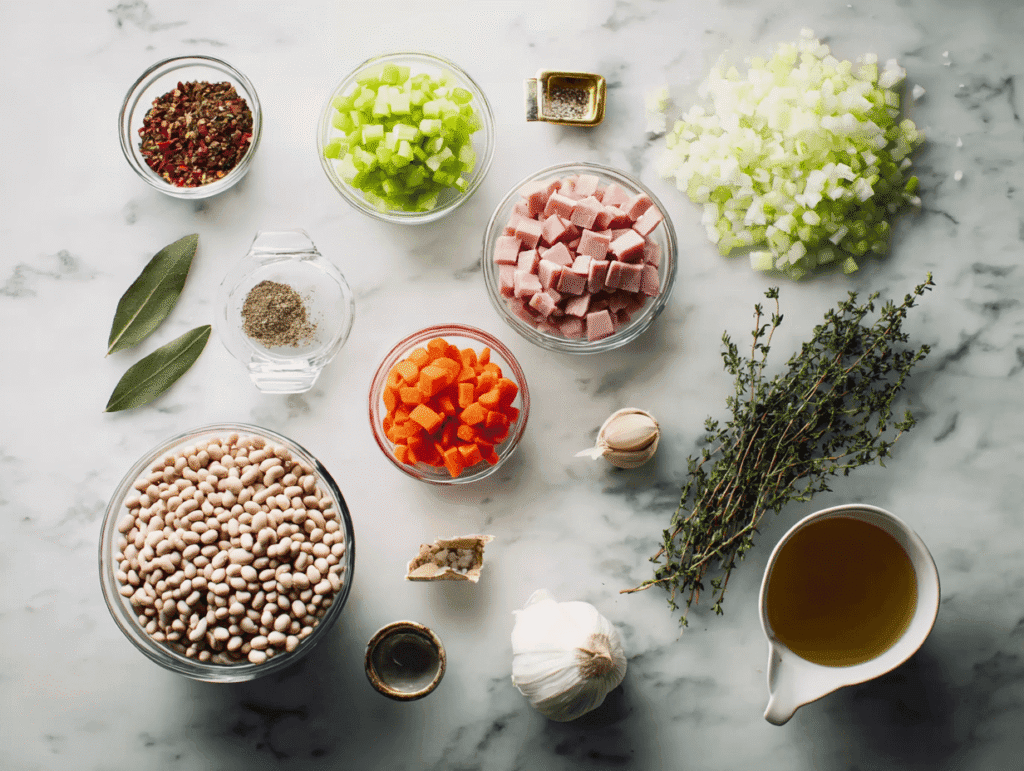 Ingredients for navy bean soup recipe displayed on a kitchen counter.