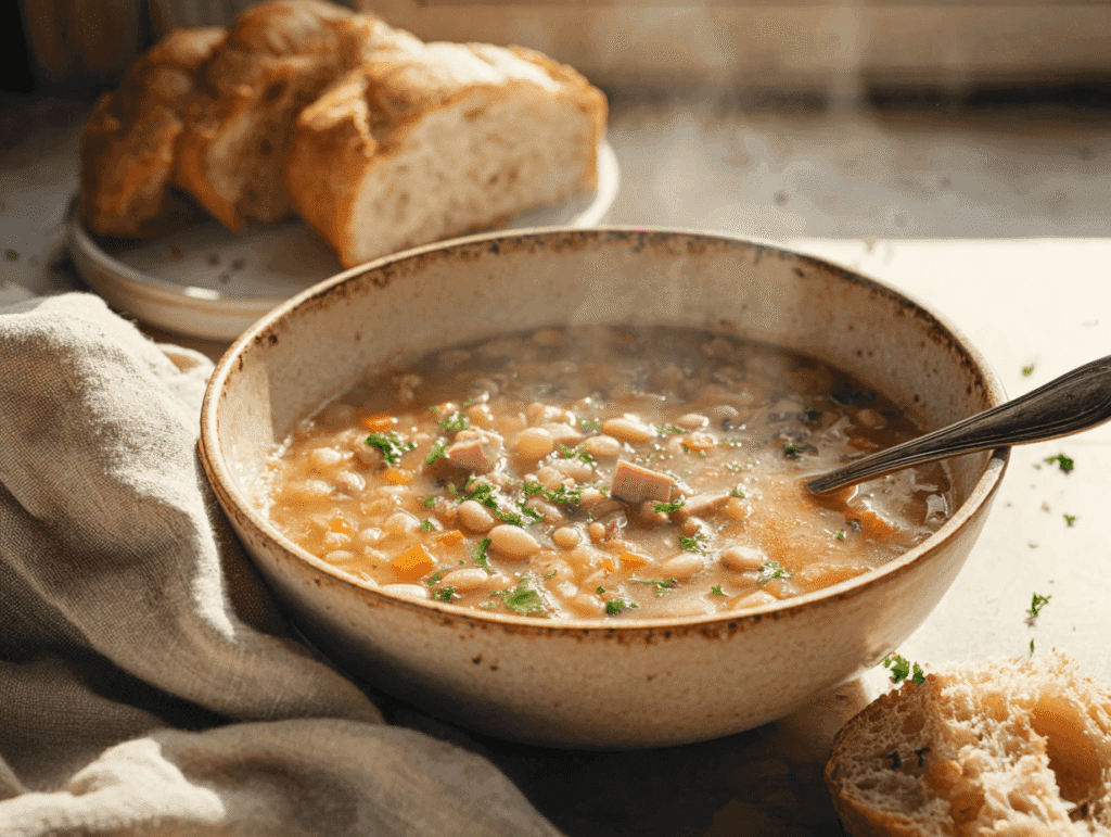 Served navy bean soup recipe with parsley and crusty bread.