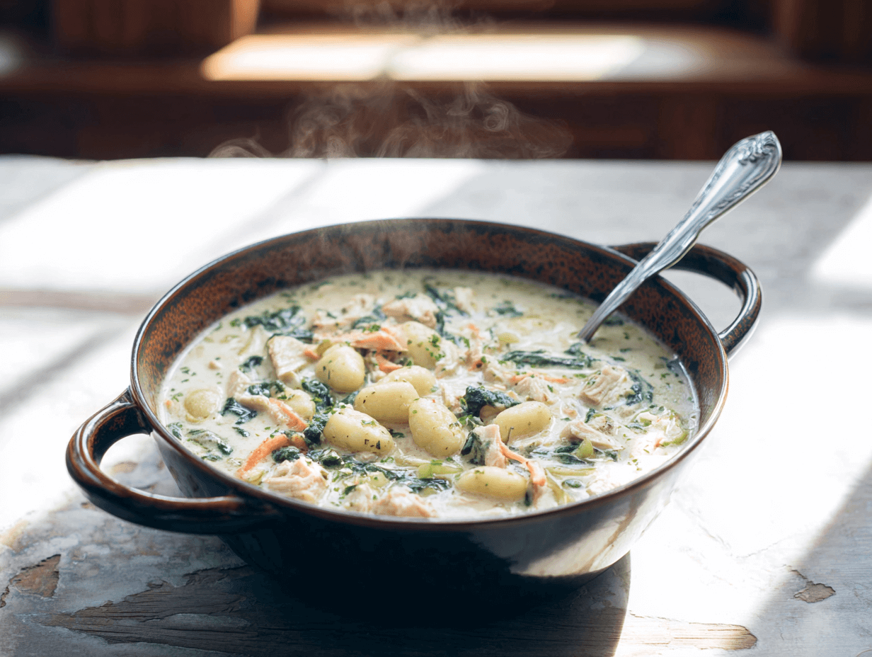 Olive Garden gnocchi soup recipe card with ingredients