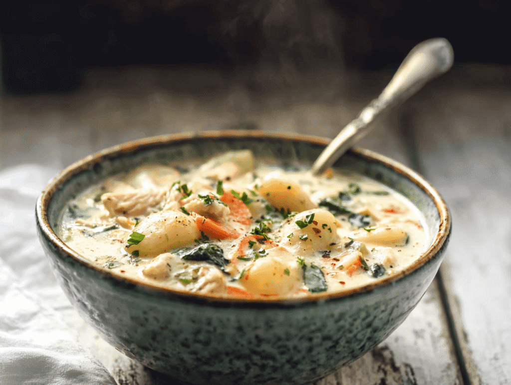 Olive Garden gnocchi soup recipe creamy bowl on rustic table