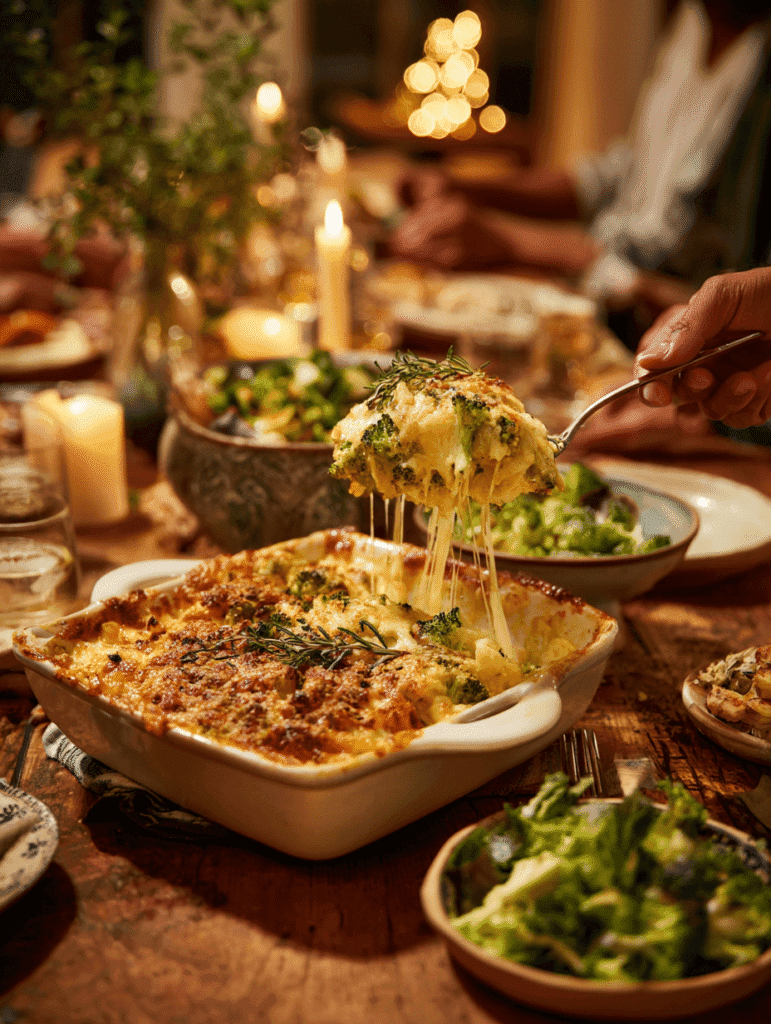 Pouring creamy cheese sauce over broccoli casserole recipe -soup