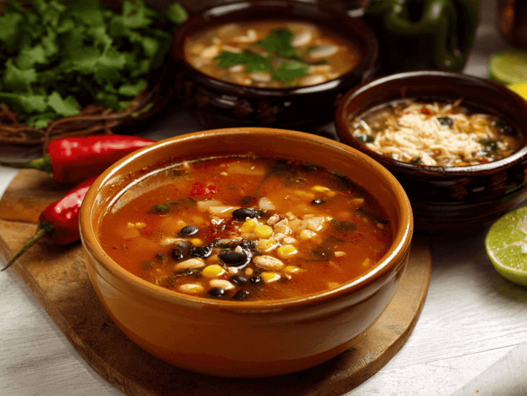 Pozole rojo simmering with hominy and red chiles