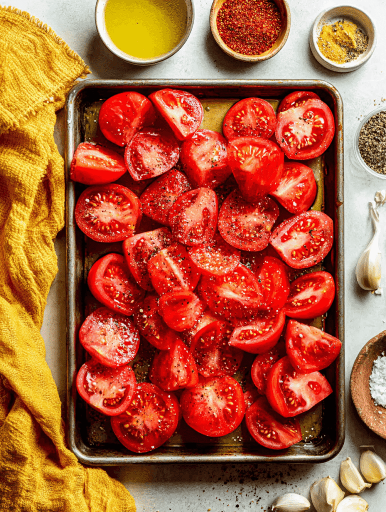 fresh tomatoes cut in halves on baking tray for tomato soup recipe with fresh tomatoes