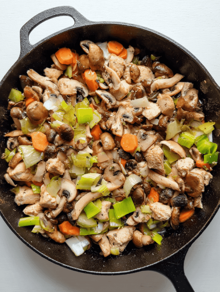 sautéed mushrooms and vegetables for chicken pot pie recipe