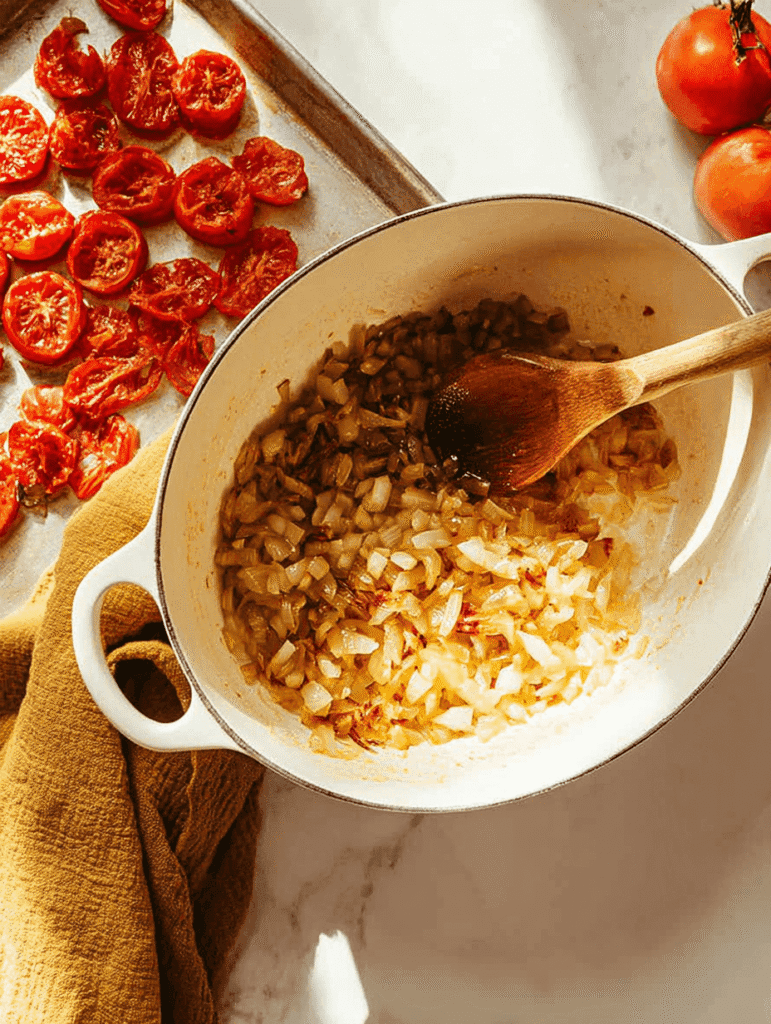 onions and garlic sautéing in white pot for tomato soup recipe with fresh tomatoes