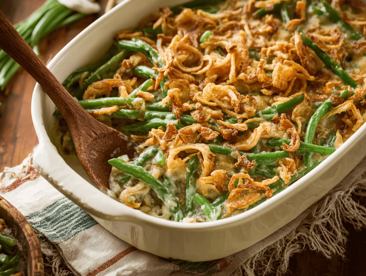 Serving Campbell Soup Green Bean Casserole at dinner table