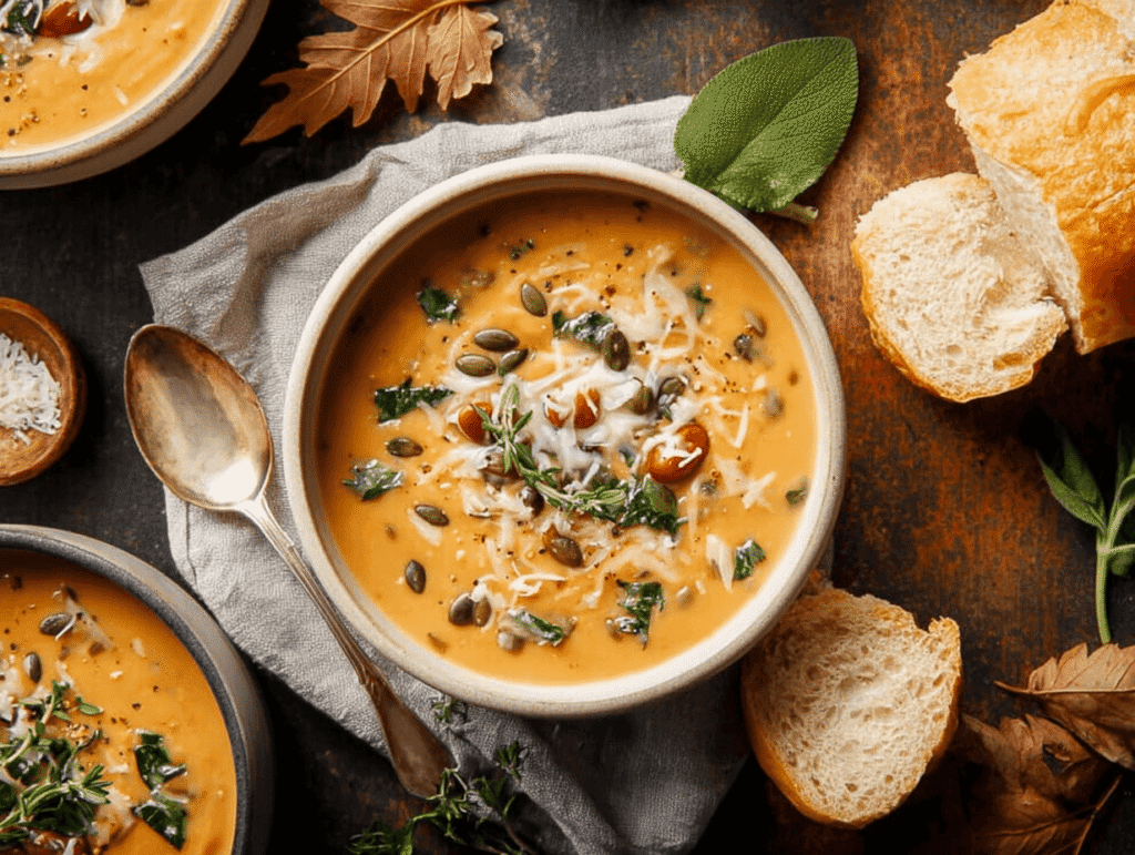 Serving bowl of creamy fall soup with herbs and bread