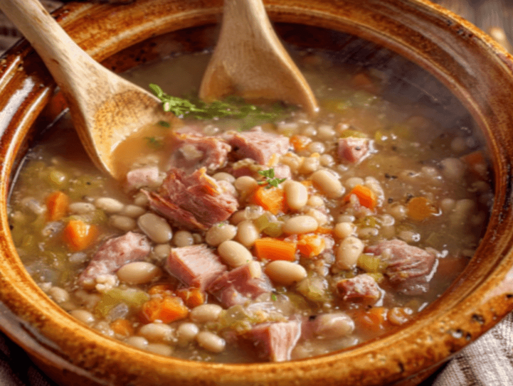 Serving homemade ham and bean soup with ham, beans, and vegetables