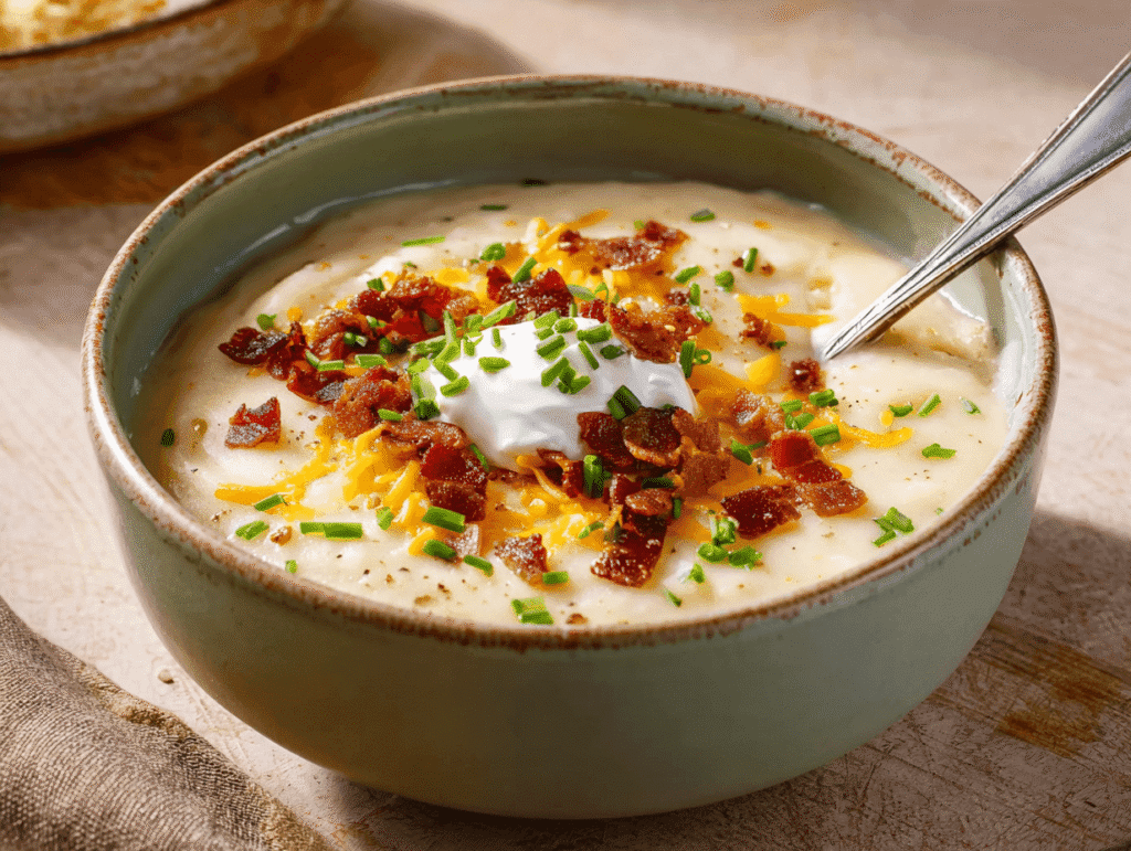 serving loaded baked potato soup with bread