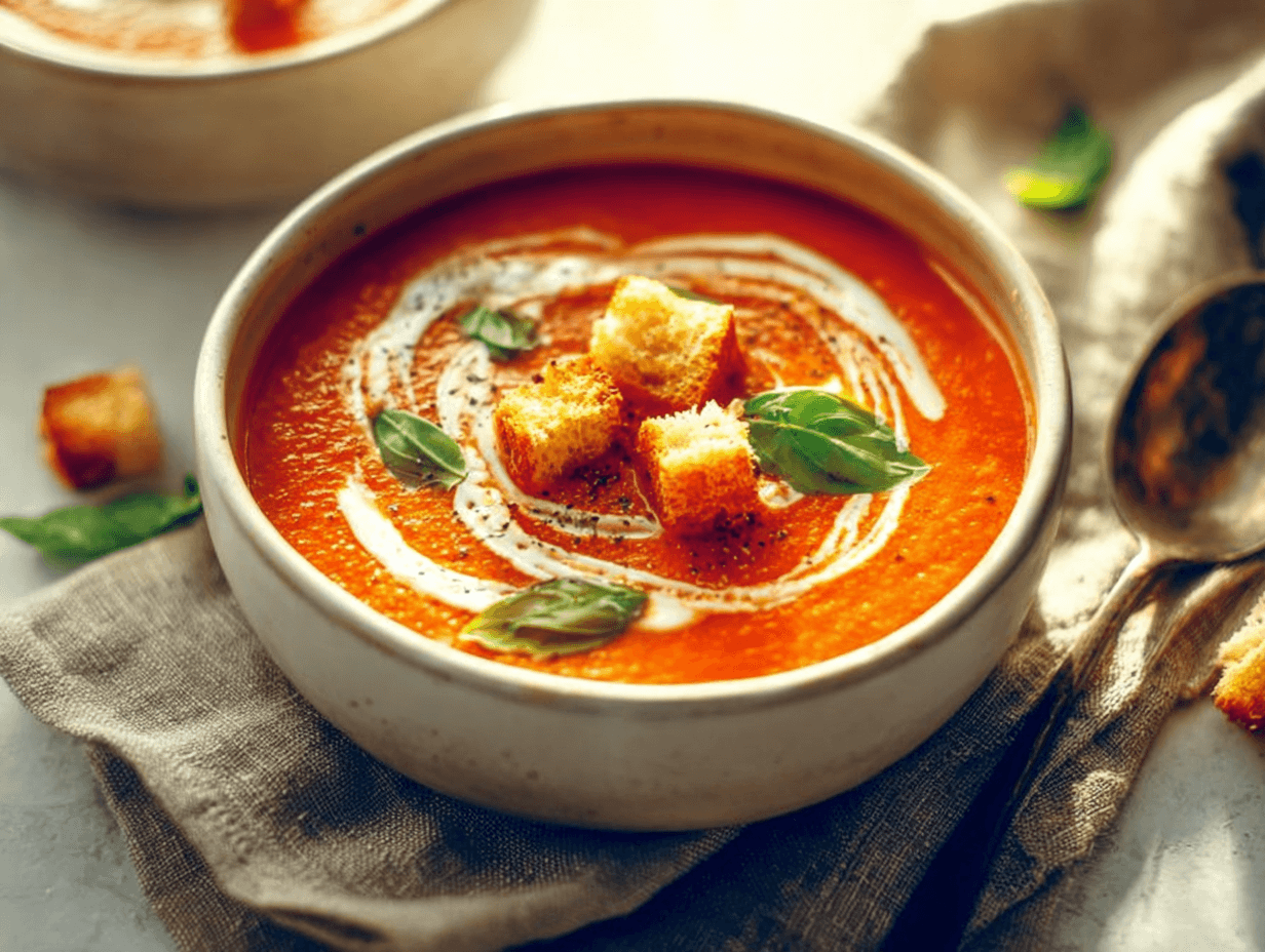 Served tomato soup recipe with fresh tomatoes and basil