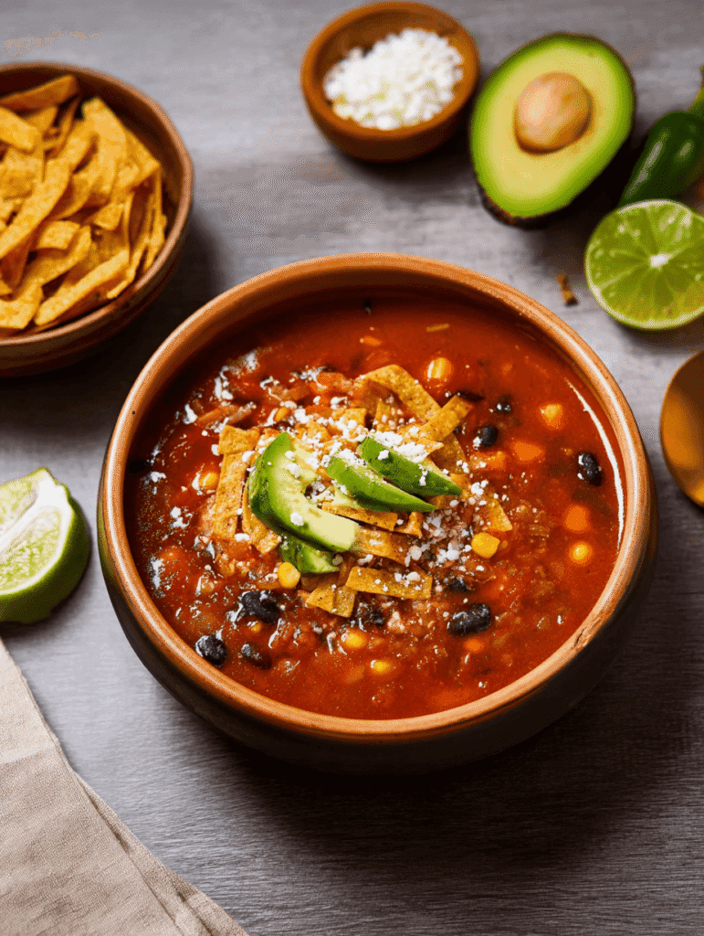 Serving of Mexican tortilla soup with avocado and lime