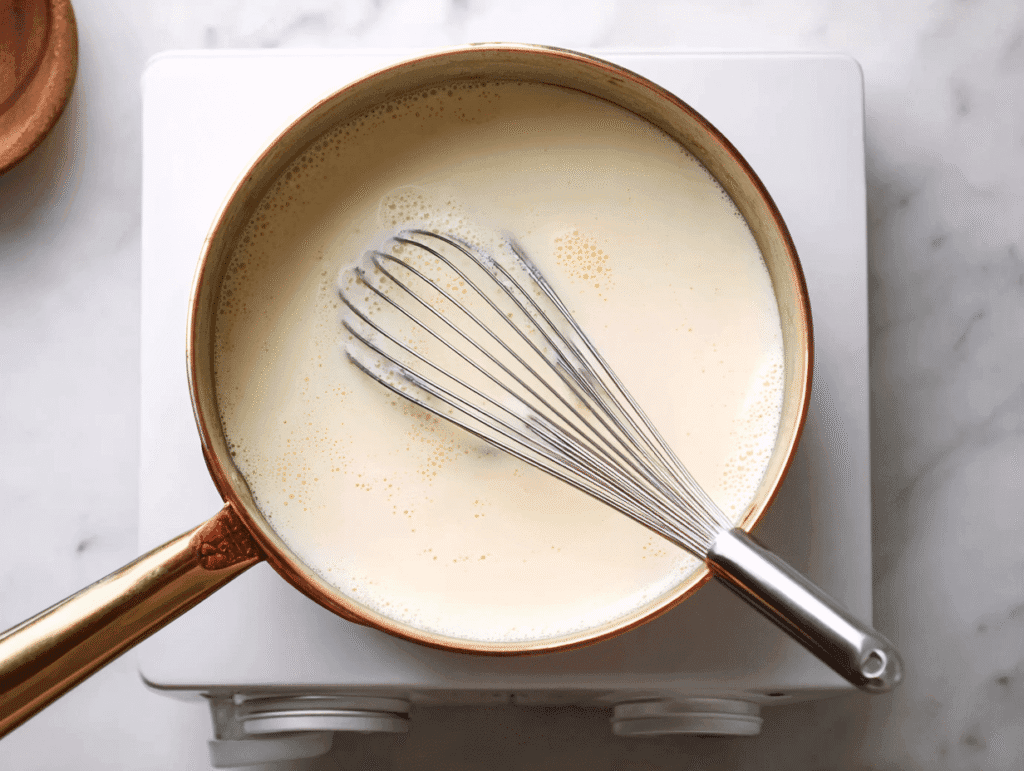 whisking creamy soup base for loaded baked potato soup recipe