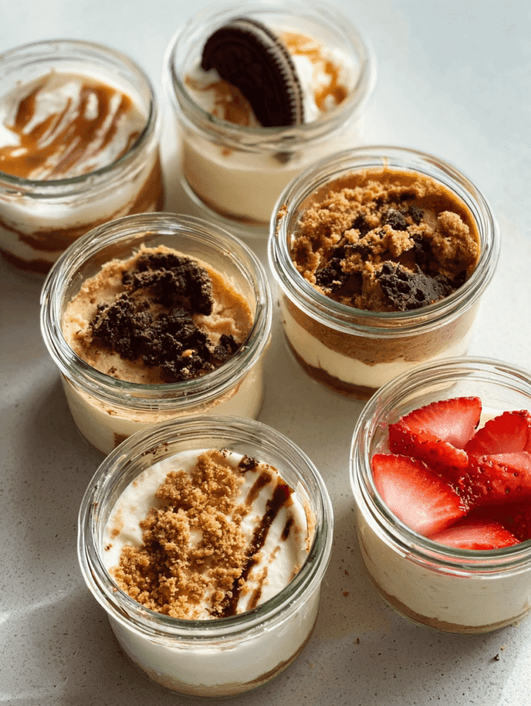 2-Ingredient Japanese Cheesecake – Amazing 2-Step Viral Favorite 3 2-Ingredient Japanese Cheesecake served in jars with cookie and fruit layers