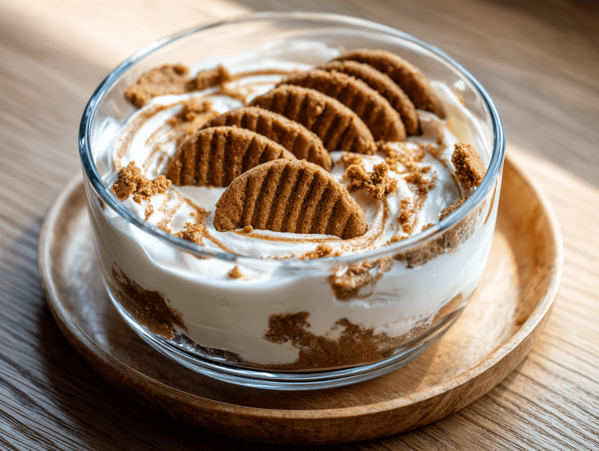 2-ingredient Japanese cheesecake yogurt with Biscoff cookies in a glass bowl
