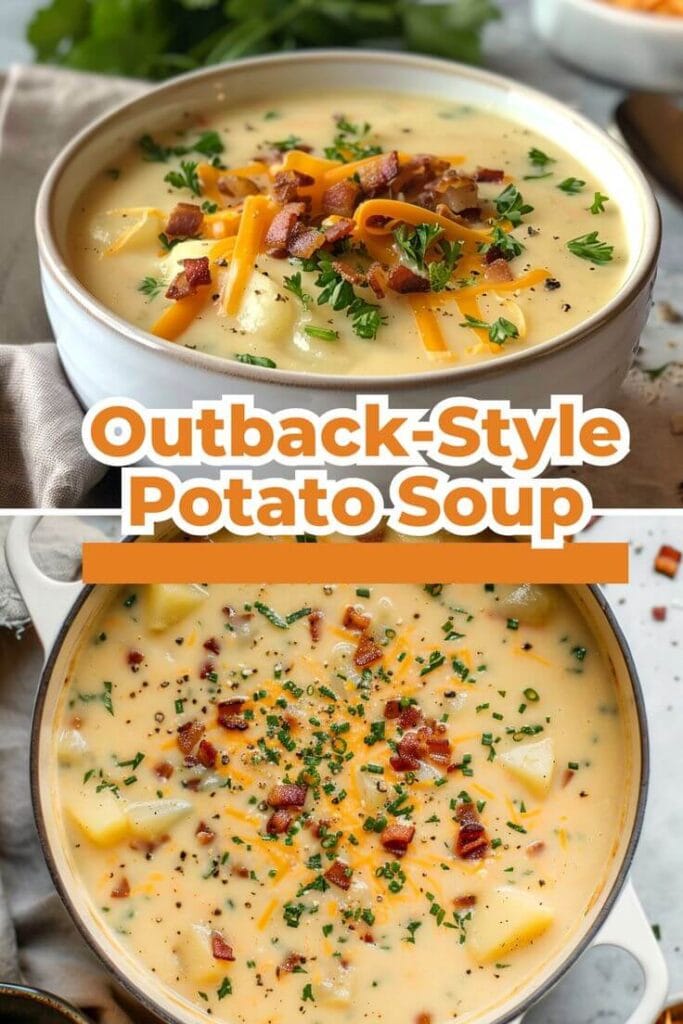 Outback-style potato soup with cheddar, bacon, and parsley in cozy bowls with text overlay