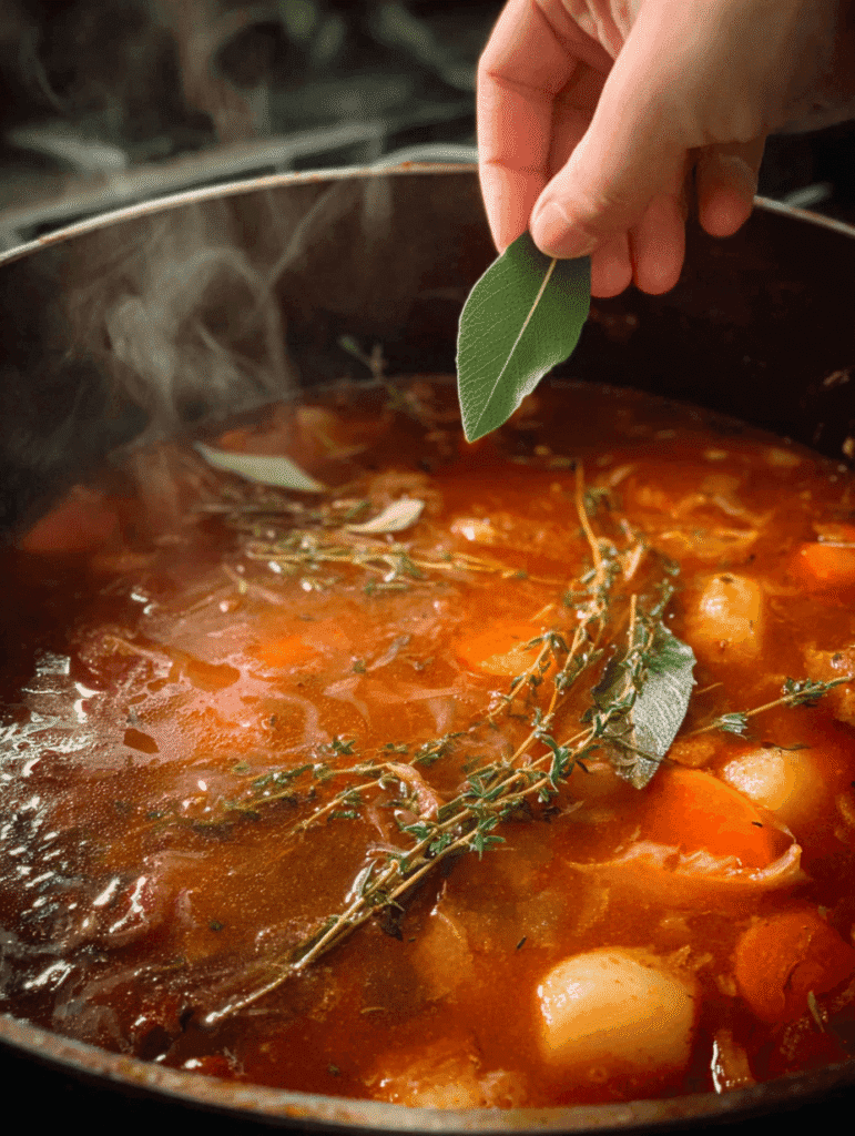 Adding bay leaves and thyme to simmering Old Fashioned Vegetable Beef Soup