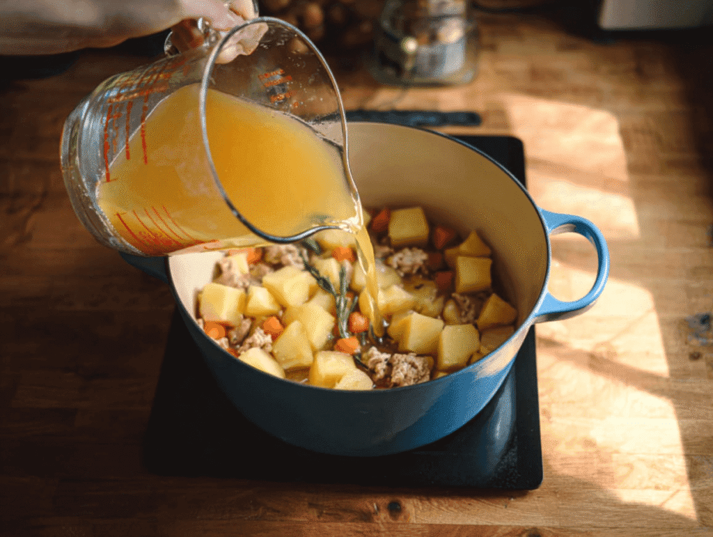 Pouring chicken broth into a pot with potatoes and ground turkey for soup.