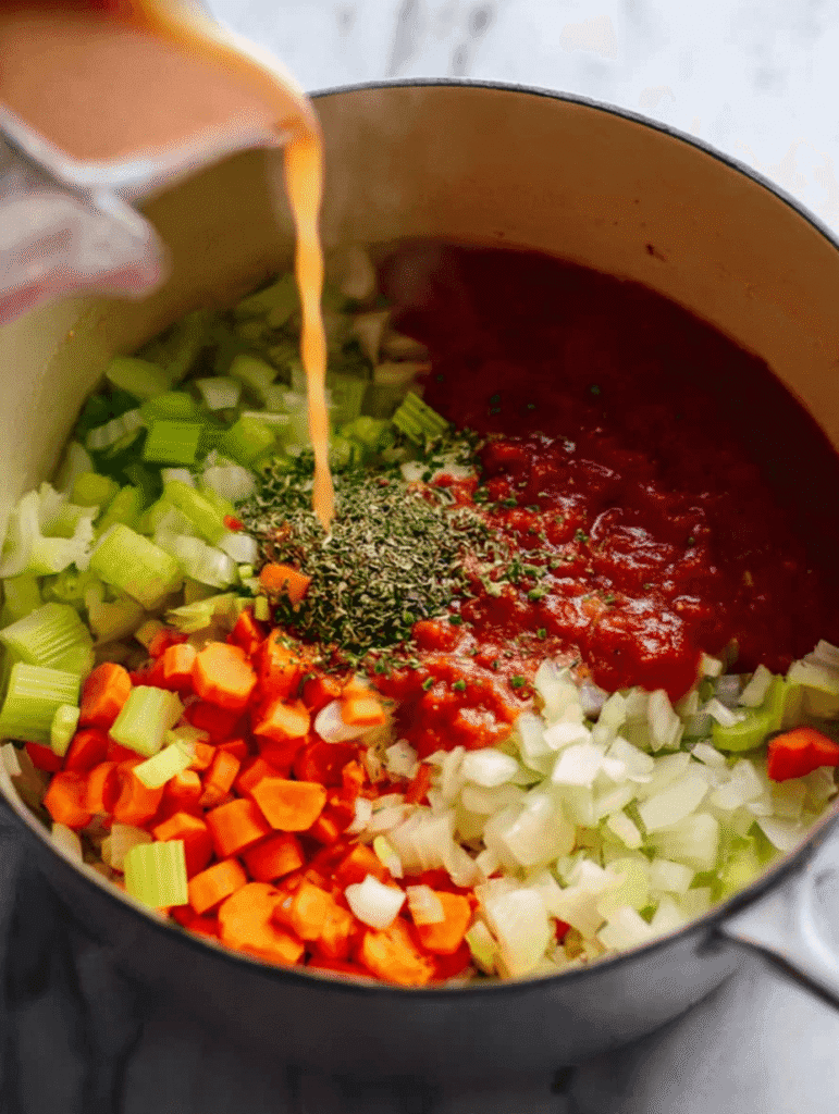 Pouring broth into a pot with vegetables and tomatoes to make creamy tomato basil soup